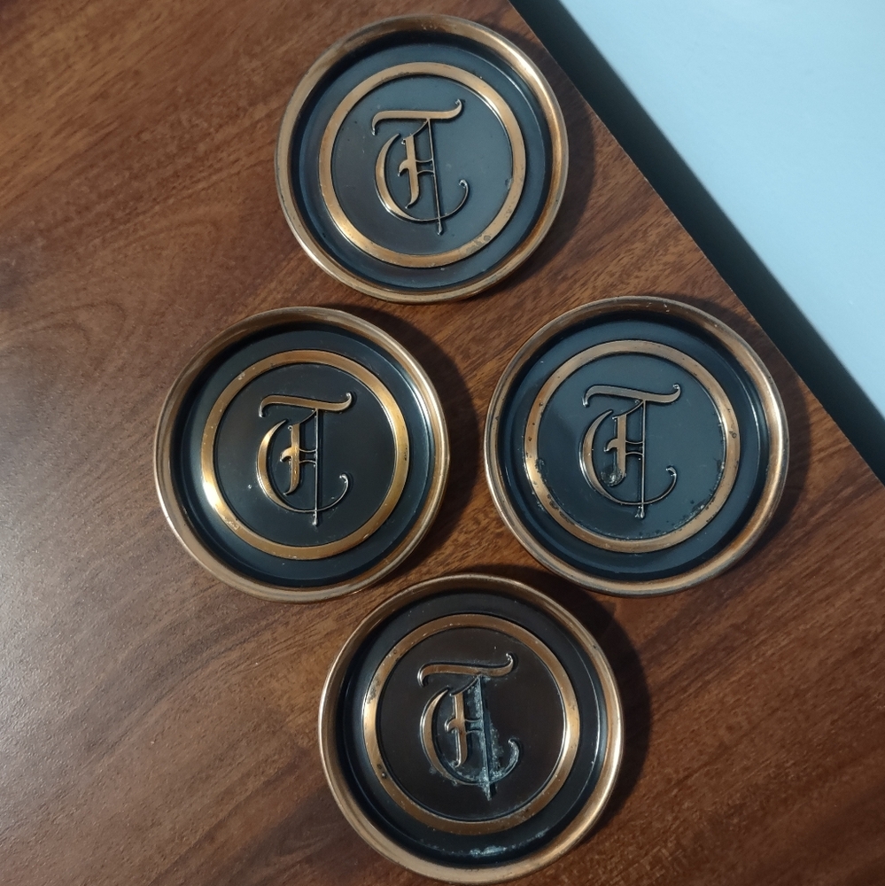Vintage Hyde Park Monogrammed Copper Coaster Set of 4 - Letter T - 3" Diameter